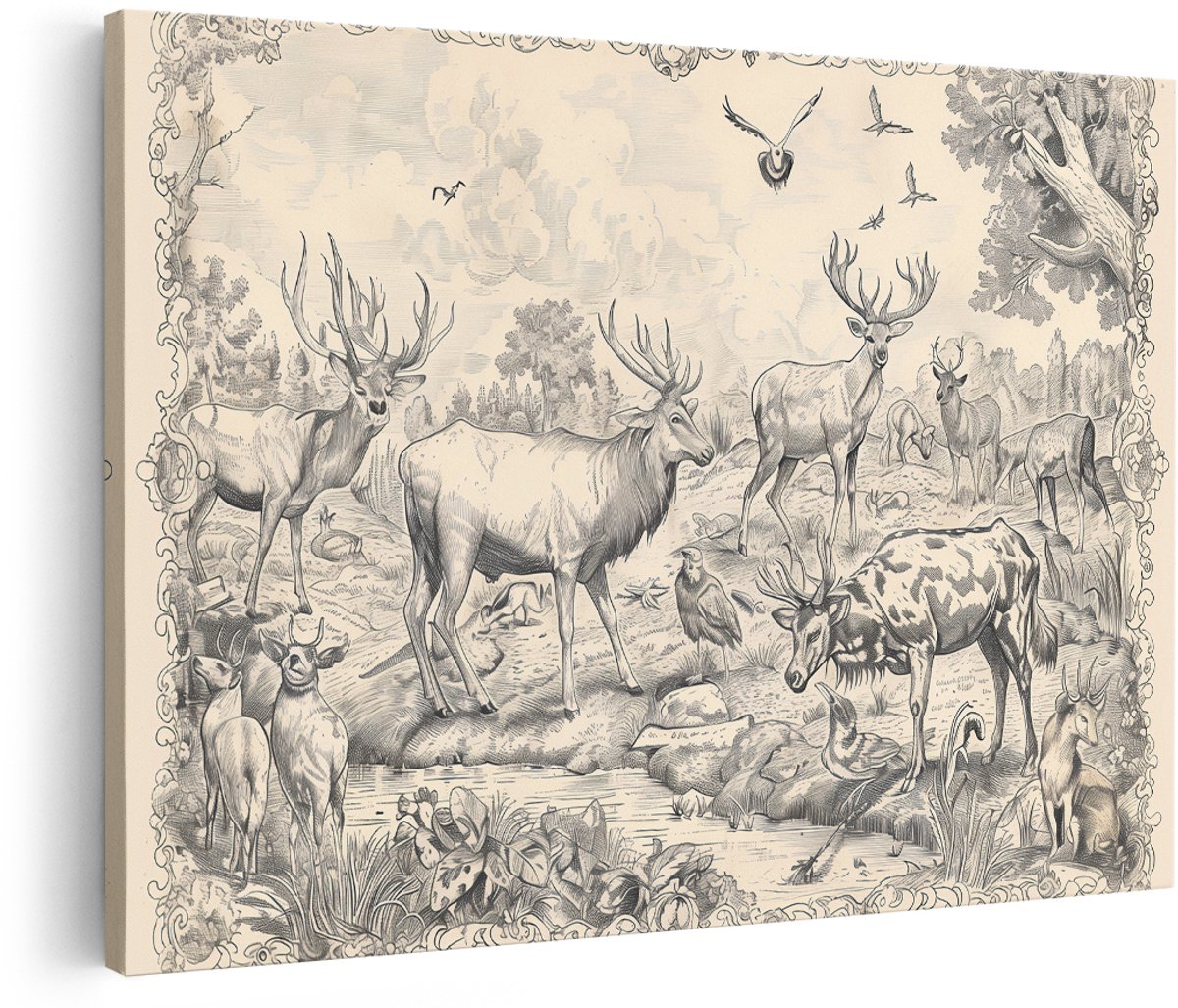 Artaza Canvas Schilderij Herten - 180x120 cm - Groot - Wanddecoratie Vintage Tekening - Muurdecoratie Bos Dieren - Decoratie Vogels - Schilderijen Op Canvas