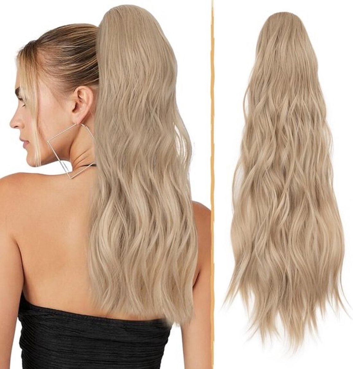 Lange Golvende Clip-In Paardenstaart Haarstuk Synthetisch 66cm - Krullend Haarverlenging voor Vrouwen (Blond/Asblond)