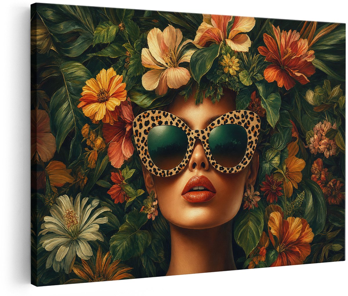 Artaza Canvas Schilderij Vrouw Met Panterprint Bril - Tropische Bloemen - 180x120 cm - Groot - Wanddecoratie Woonkamer - Schilderijen - Muurdecoratie