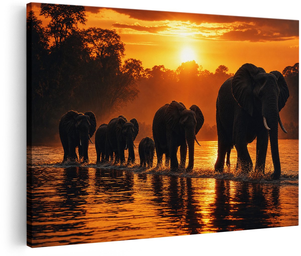 Artaza Canvas Schilderij Olifanten Bij Zonsondergang - Rivier En Goud - 180x120 cm - Groot - Wanddecoratie Woonkamer - Schilderijen - Muurdecoratie