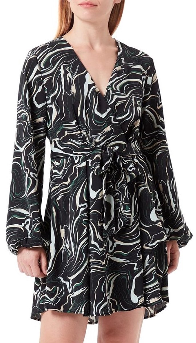 Dames Wikkeljurk Mini Zwart met All Over Print en Lange Mouwen