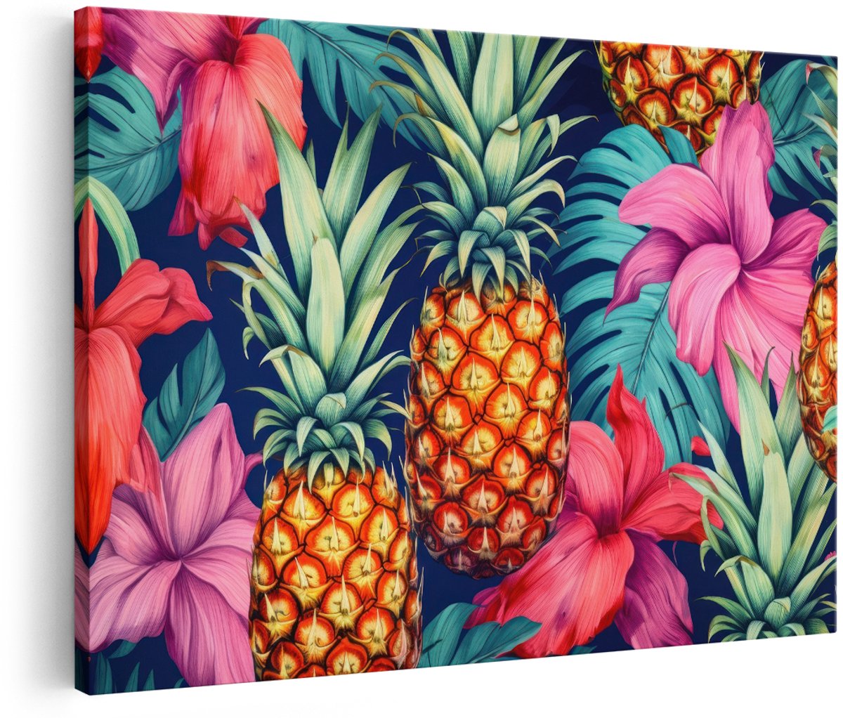 Artaza Canvas Schilderij Ananas - 180x120 cm - Groot - Wanddecoratie Tropische Hibiscus Bloemen - Muurdecoratie Kleurrijk - Decoratie Fruit Boho