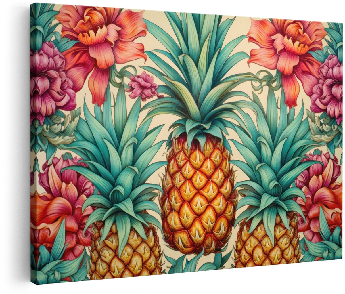 Artaza Canvas Schilderij Ananas - 180x120 cm - Groot - Wanddecoratie Tropische Bloemen - Muurdecoratie Boho - Decoratie Fruit Patroon