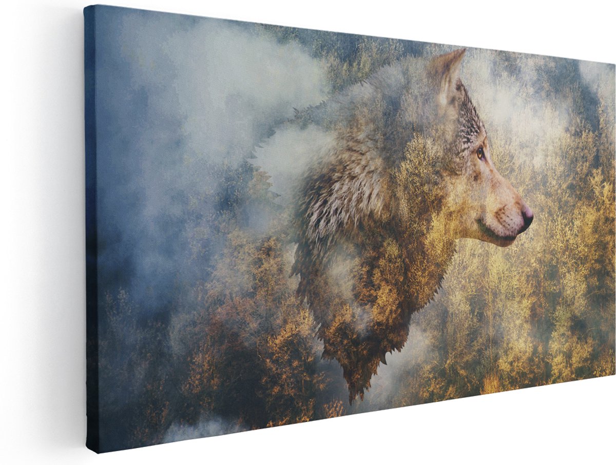 Artaza Canvas Schilderij Wolvenkop Op Een Herfstbos - Wolf - Abstract - 180x90 cm - Groot - Wanddecoratie Woonkamer - Schilderijen - Muurdecoratie