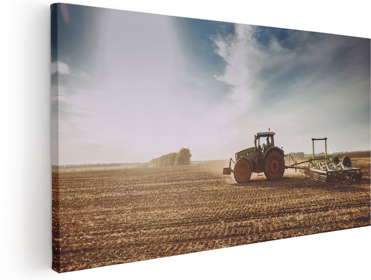 Artaza Canvas Schilderij Tractor op het Veld - Trekker - 180x90 cm - Groot - Wanddecoratie Woonkamer - Schilderijen - Muurdecoratie