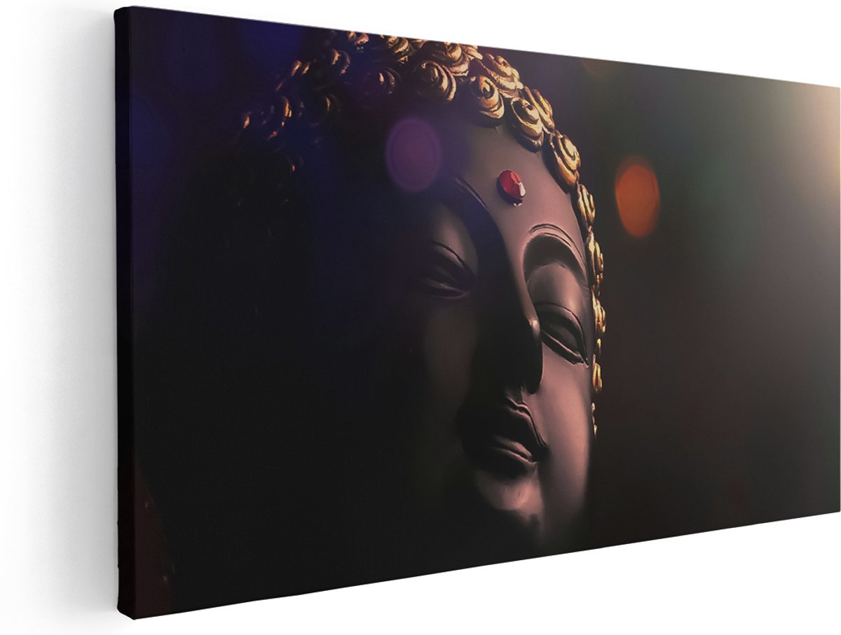 Artaza Canvas Schilderij Boeddha Beeld Met Gouden Sierraden - 180x90 cm - Groot - Wanddecoratie Woonkamer - Schilderijen - Muurdecoratie