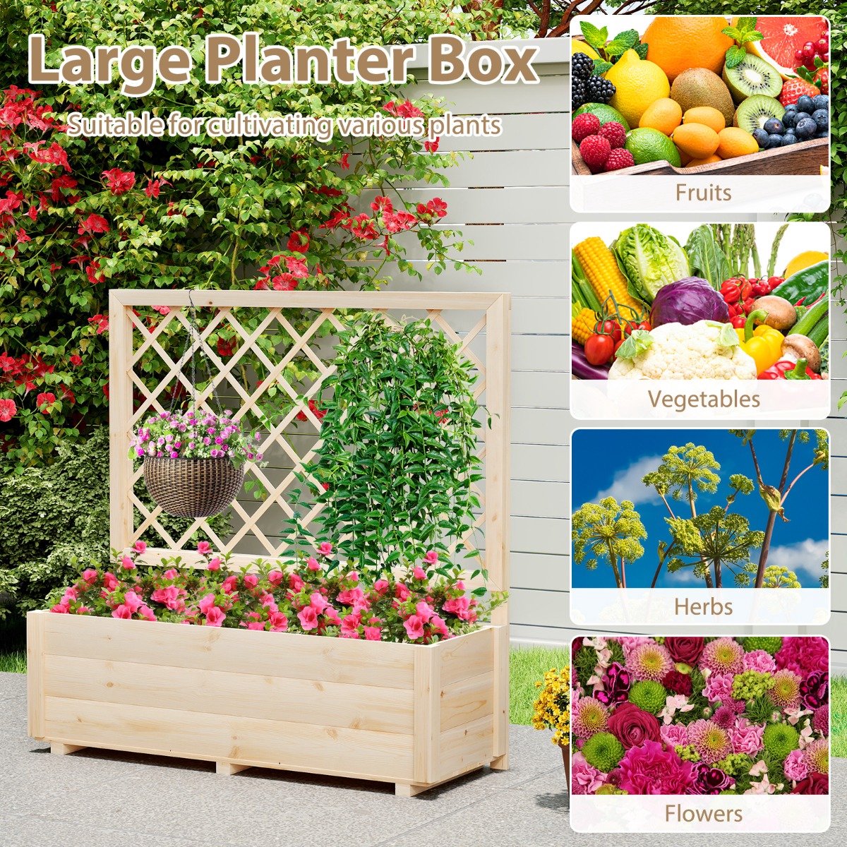 SureDeal® - Bloembak met klimrek, verhoogd plantenbed met leiboom- en drainagegaten, plantenbak met privacyscherm, plantenbak voor klimplanten, bloempot voor tuin en balkon, hout, naturel, 98 x 35 x 101 cm