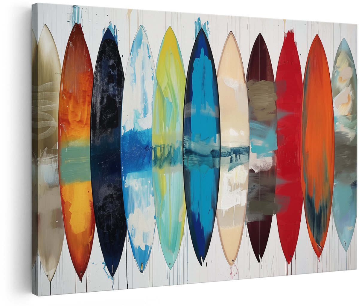 Artaza Canvas Schilderij Groep Surfplanken in Verschillende Kleuren - 180x120 cm - Groot - Wanddecoratie Woonkamer - Schilderijen - Muurdecoratie