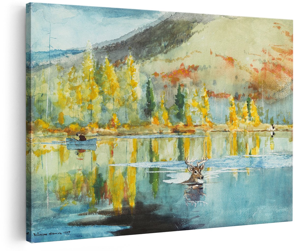Artaza Canvas Schilderij Hert - 180x120 cm - Groot - Wanddecoratie Herfst Landschap - Muurdecoratie Meer - Schilderijen Natuur Bergen