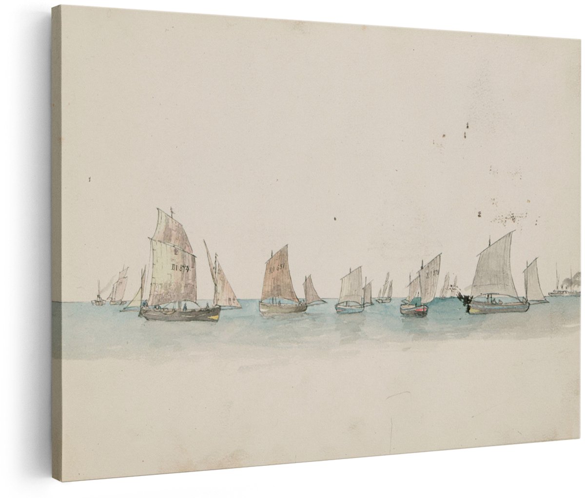 Artaza Canvas Schilderij Zeilboten - 180x120 cm - Groot - Wanddecoratie Zee - Muurdecoratie Vintage Aquarel - Decoratie Strand - Schilderijen Op Canvas