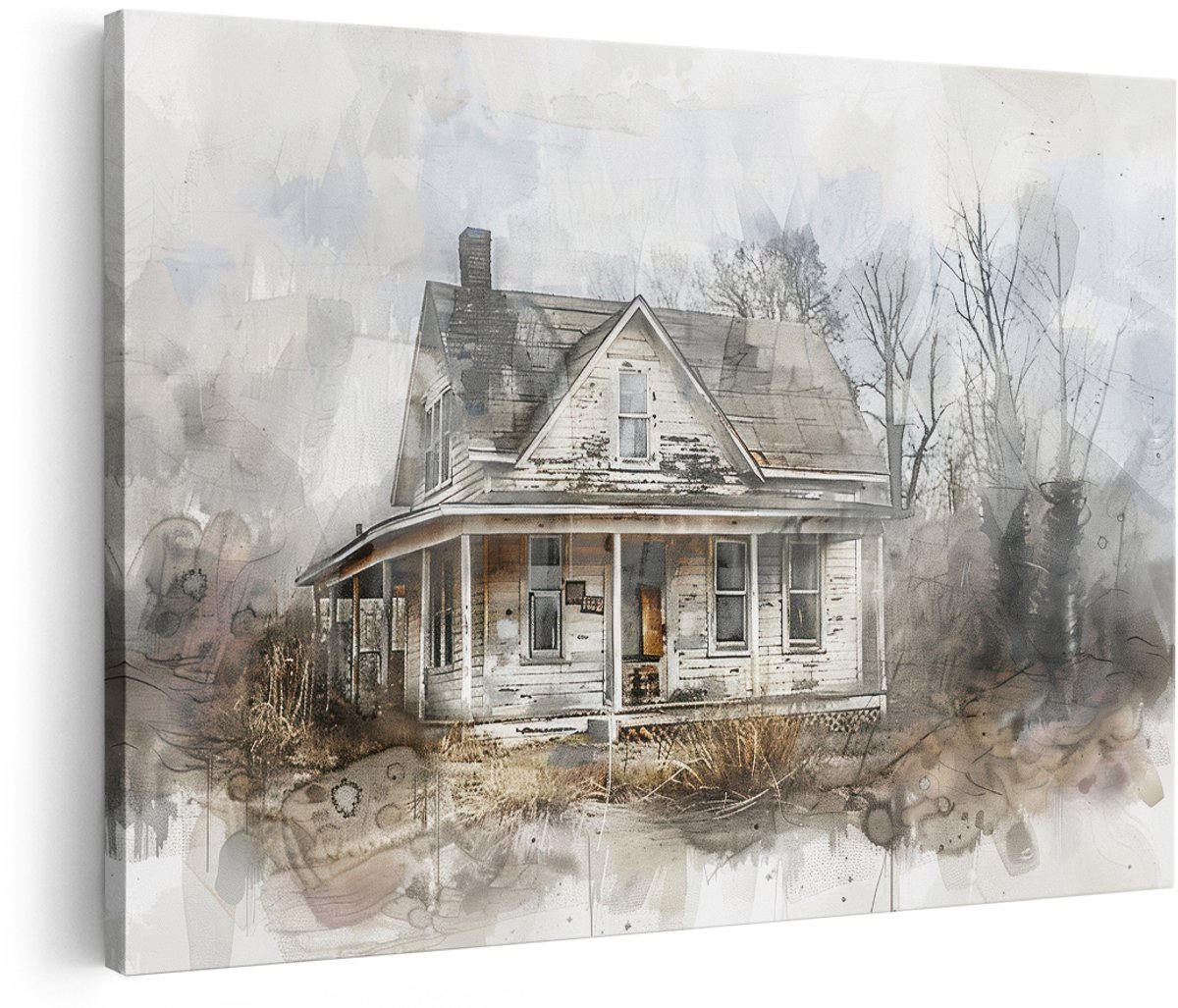 Artaza Canvas Schilderij Verlaten Huis - 180x120 cm - Groot - Wanddecoratie Vintage - Muurdecoratie Landschap - Decoratie Aquarel Woonkamer