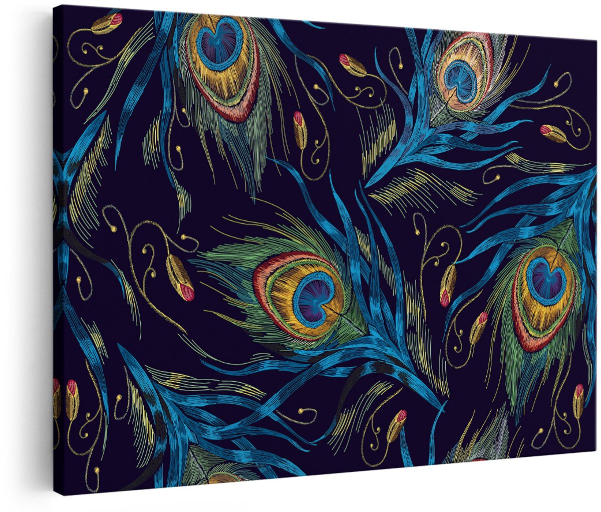 Artaza Canvas Schilderij Getekende Pauw Veren Achtergrond - 180x120 cm - Groot - Wanddecoratie Woonkamer - Schilderijen - Muurdecoratie