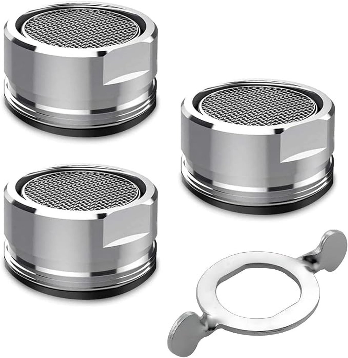 Set van 3 waterkraanbeluchters met montagesleutel – 24 mm, chroom