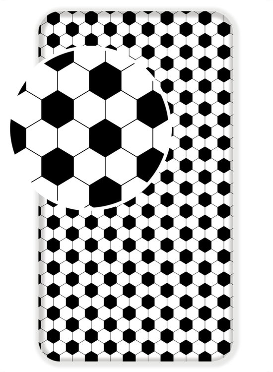 Wit hoeslaken met zwart voetbalmotief, met ingezoomd detail van een voetbal.