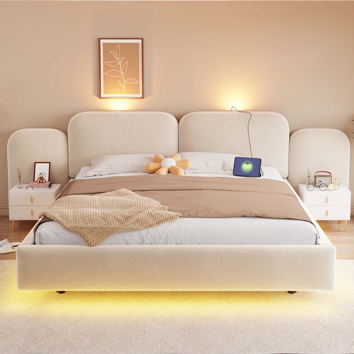 KOMHTOM Gestoffeerd bed 180*200 cm, met hydraulische opbergruimte, LED-lichtstrip, met oplaadaansluiting, uniek, ruim en comfortabel hoofdeinde, stabiele lattenbodem, fluweel in beige