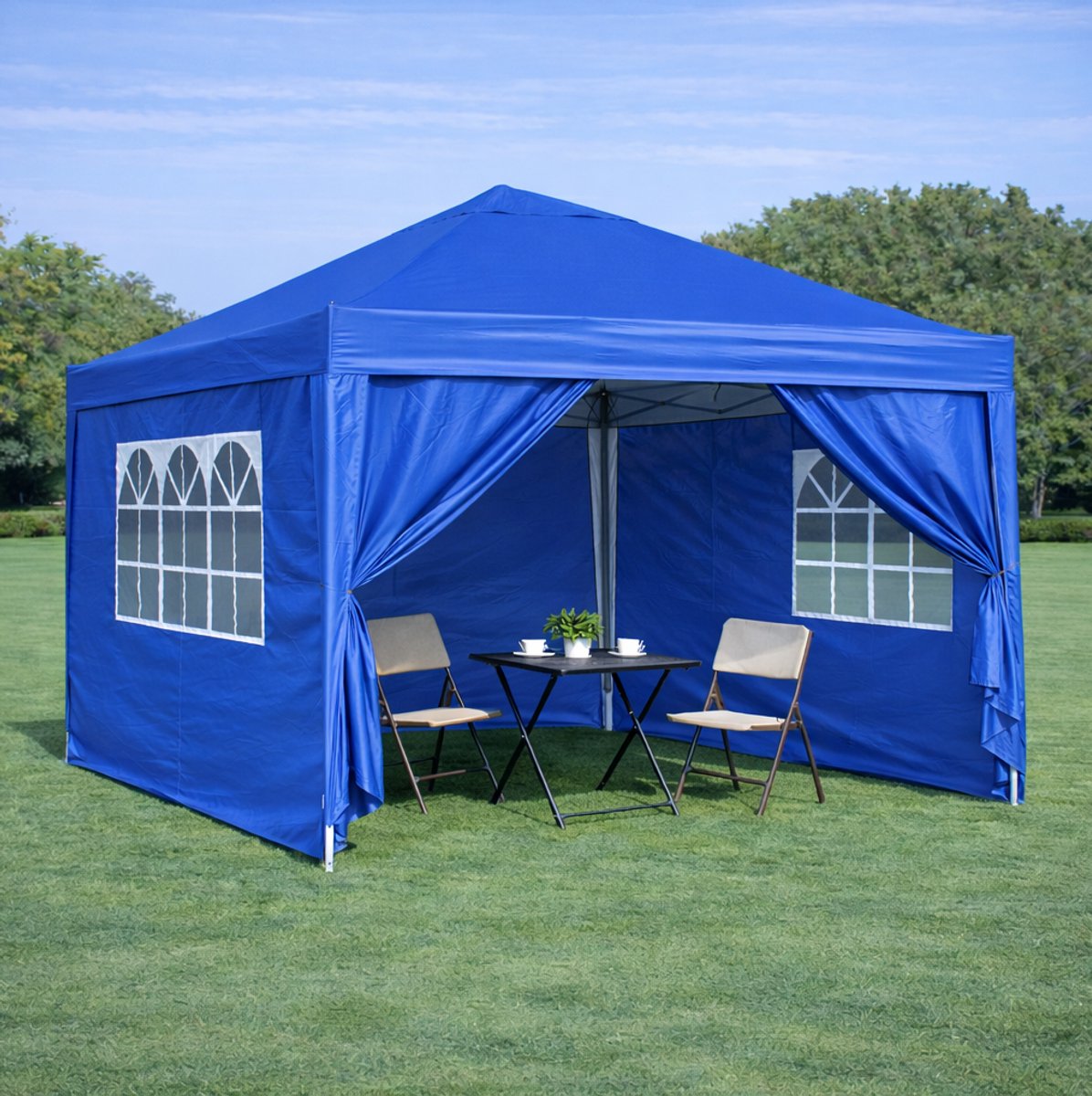 FloraGrace Partytent 3 x 3 M – Waterdicht En UV 50+ – 4 Zijwanden En 4 Zandzakken – Staal – Blauw – Voor Tuin, Feest En Kamperen