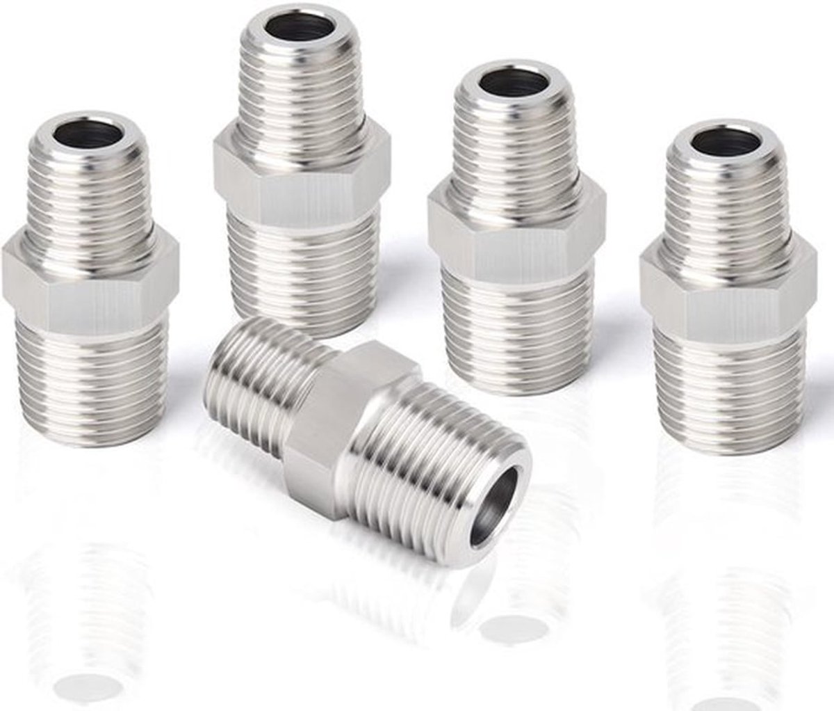 - 304 Roestvrijstalen Zeskantnippel - Manneke Verloopstuk - 5 Stuks - 1/2" x 3/8" - Corrosiebestendig - Ideaal voor Buizen en Koppeling...