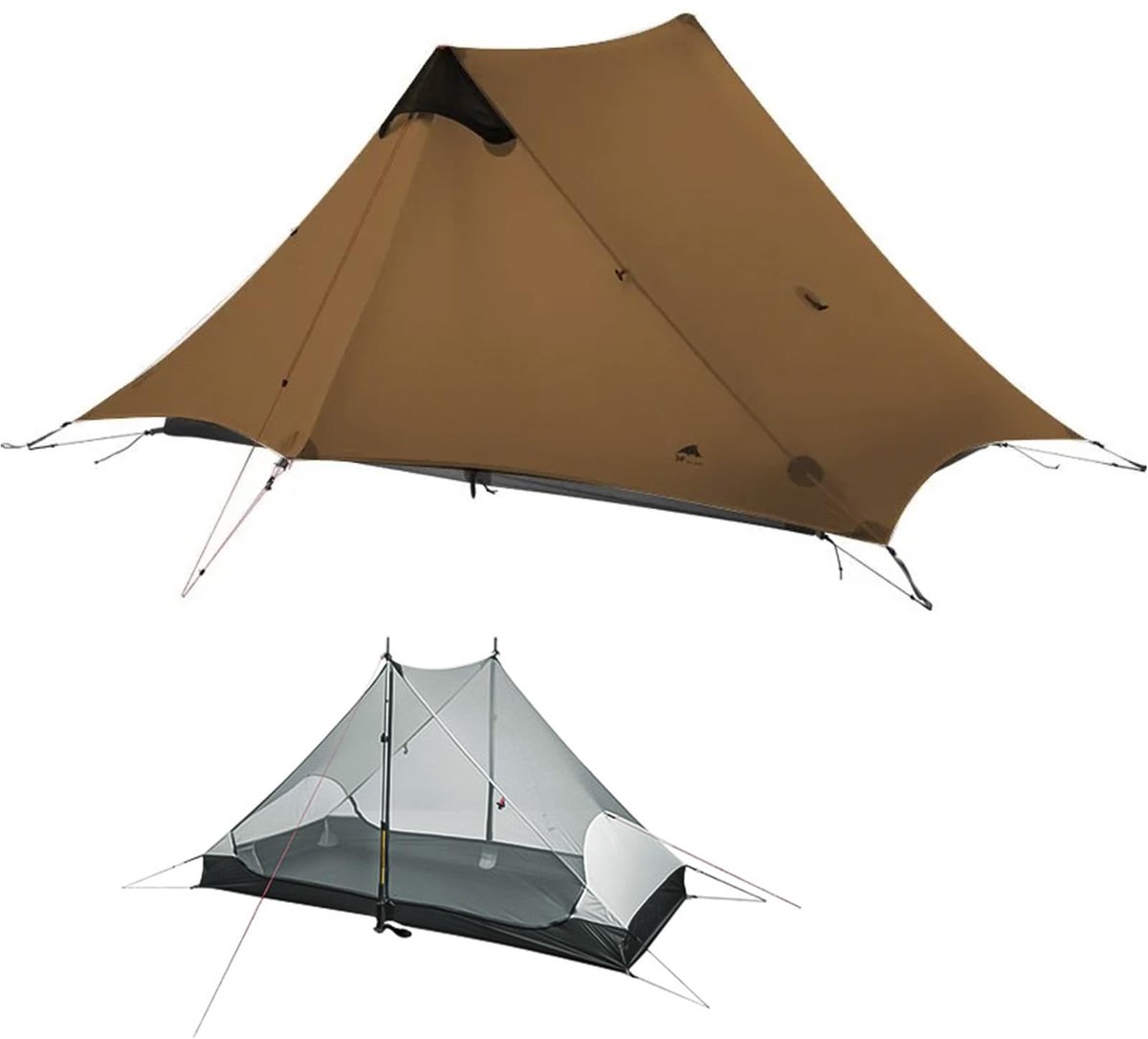 SnelShoppen - Ultralichte 3/4 Seizoenen Campingtent voor 2 Personen - MOXIHIKE Lanshan 2 - Professionele 15D Silnylon Tent Zonder Stangen - Kaki - Voo