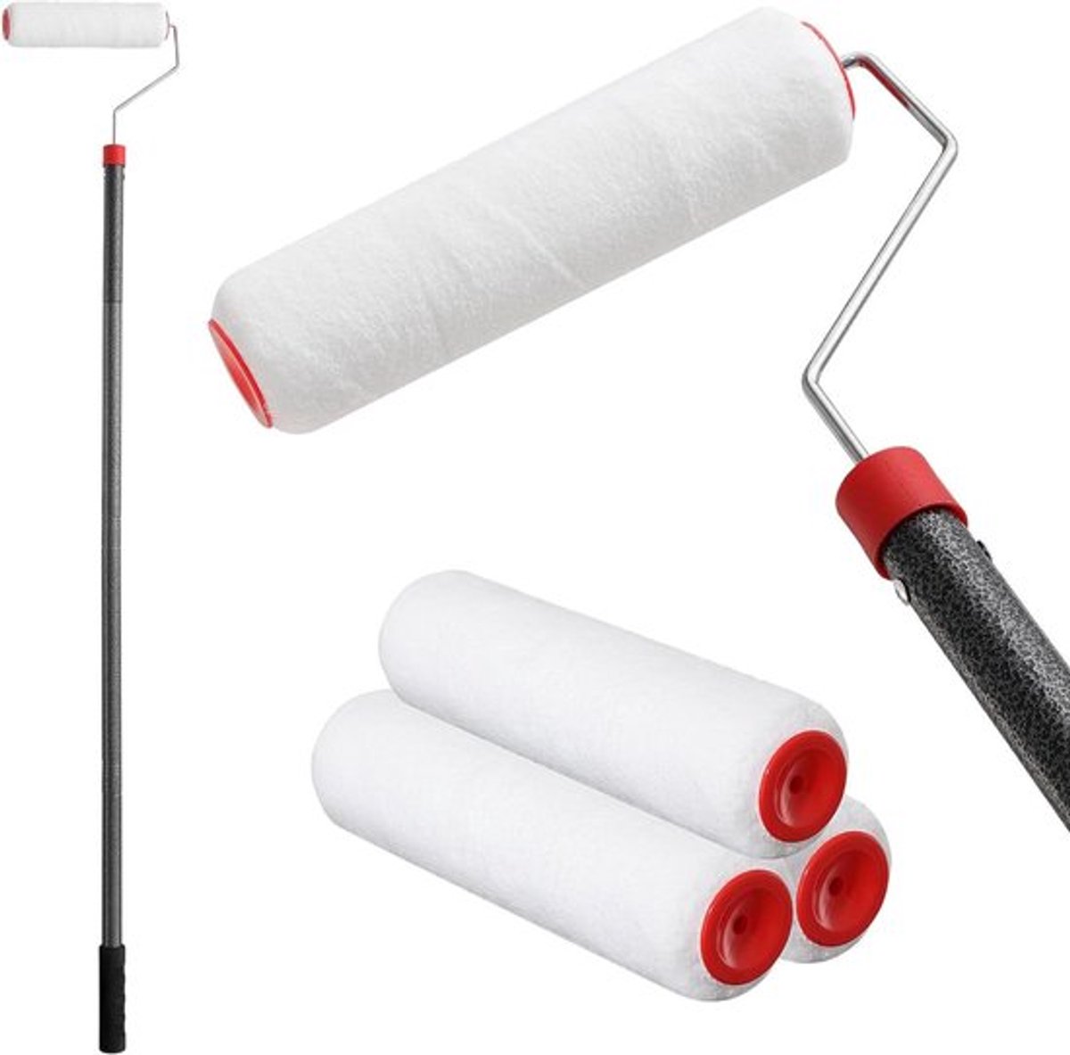 Uitschuifbare verfroller 223 cm voor muur- en plafondschilderen met glanzende set decoratiegereedschap.