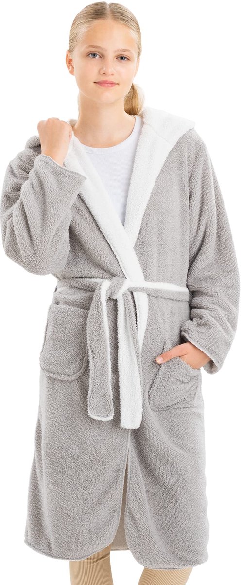 SnelShoppen - HOMELEVEL Badjas voor Kinderen met Capuchon - Dubbelzijdige Ochtendjas in Grijs en Wit - Unisex Badjas met Zakken - Maat 146/152 voor Th