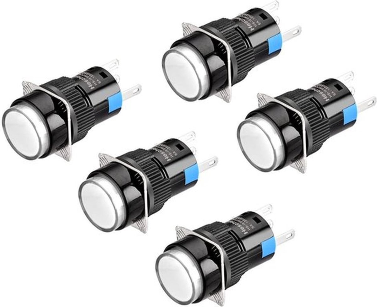 - Drukknoppen - 5 stuks - Betrouwbare bediening - 16 mm - Rood LED lamp - Wit