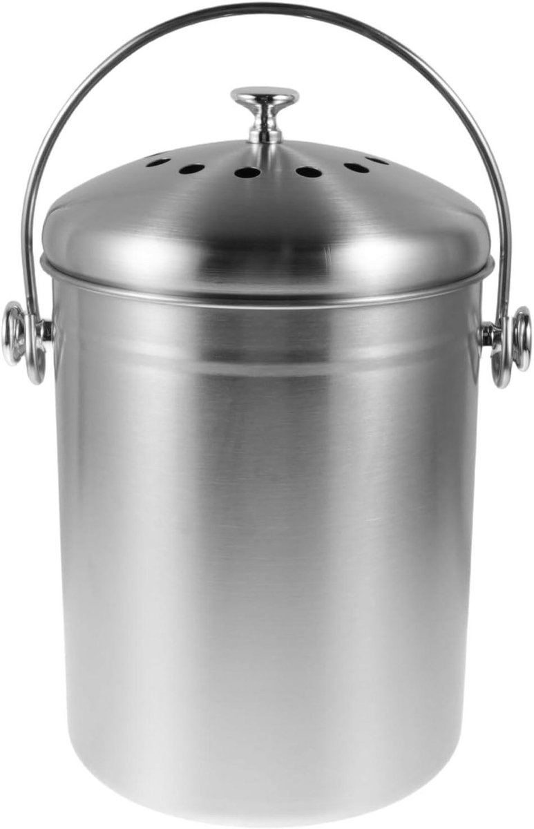 Compostbak Keuken - Afvalbak Voedselresten - Keukenafval Verwerken - Geurbestendig Deksel - 5 Liter - Zilver