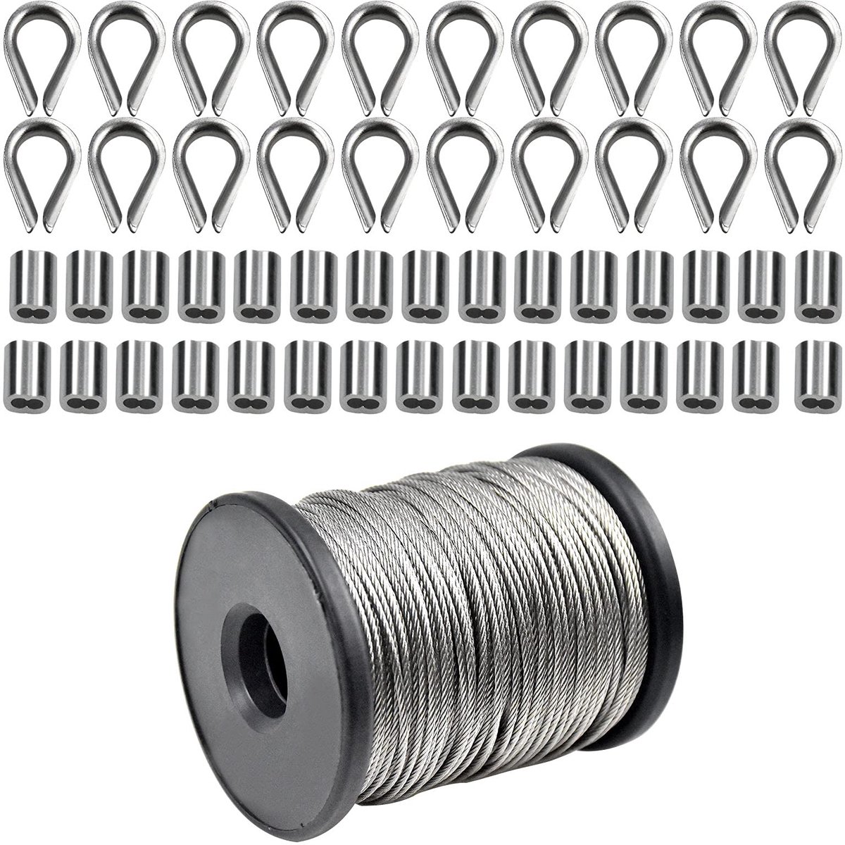 Dailygoods - 50 meter Roestvrijstalen Kabel met Aluminium Klemmen en Thimbles voor Ophangsystemen