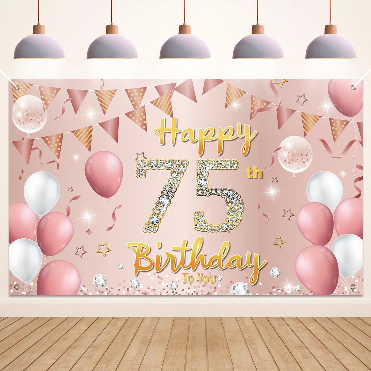 Dailygoods- Verjaardagsbanner 75e - Feestbanner - Verjaardagsdecoratie - Binnen/Buiten - Roségoud - Duurzaam Polyester 180x110 cm