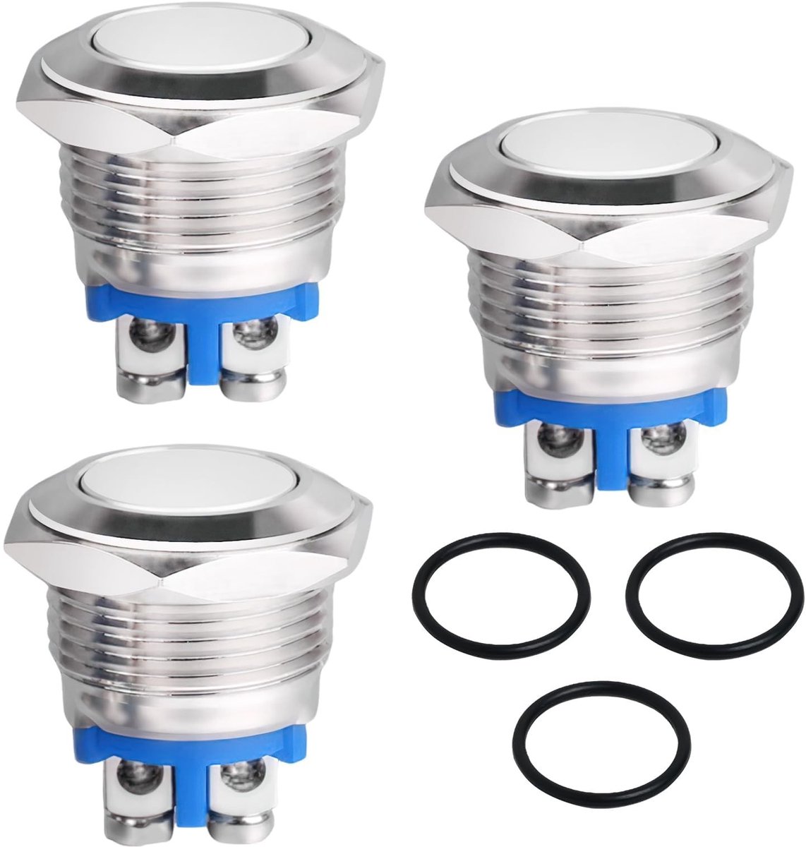 Dailygoods- Drukknop 19 mm - Waterdicht IP65 - 12 V 5 A - Platte kop - Automatische reset - Vernikkeld messing/Roestvrij staal - Schakelaar
