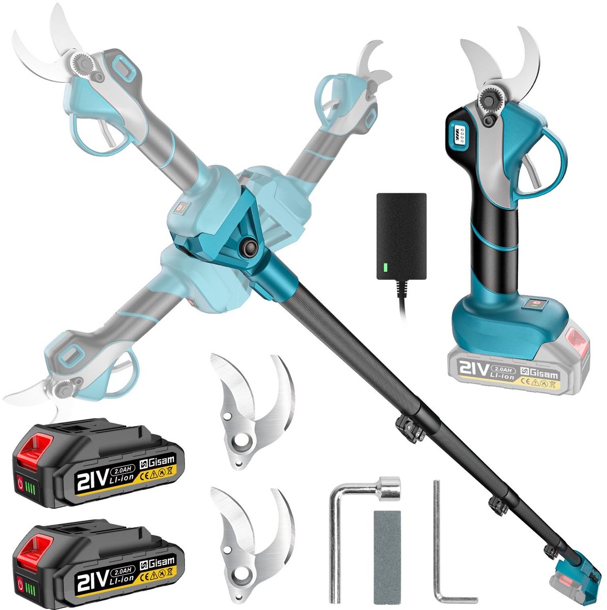 SnelShoppen - Accu Astscheren Telescoop 2-in-1, Elektrische Tuinschaar met 4,2m Telescopische Stang, Borstelloze Motor, 3 Paar SK5-Mesjes, 2x2.0 Ah Ac