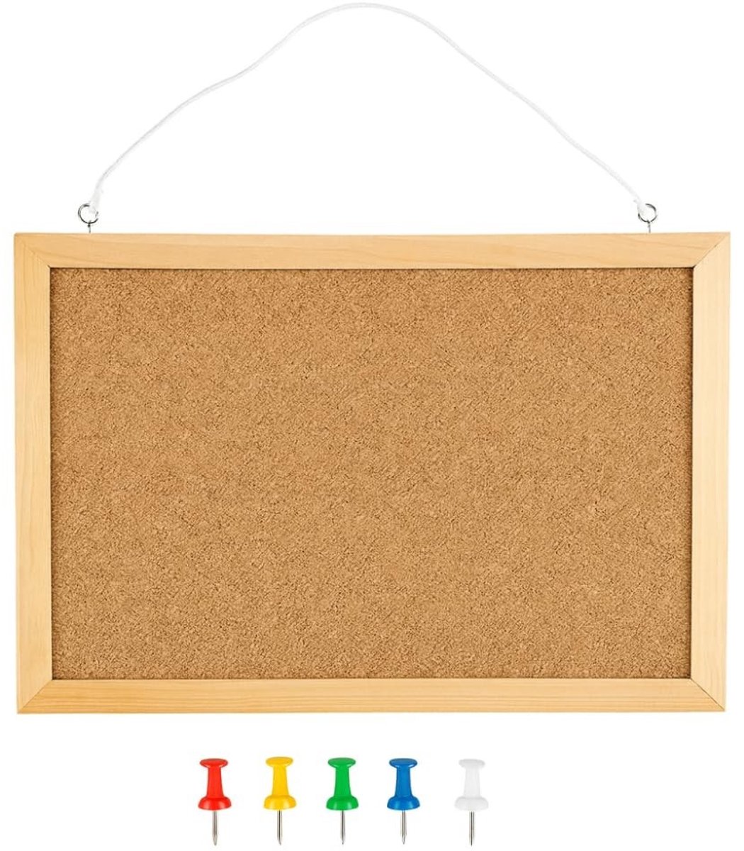 Dailygoods - Kurkbord met Houten Frame 40 x 30 cm - Inclusief 5 Pins voor Kantoor en Thuis