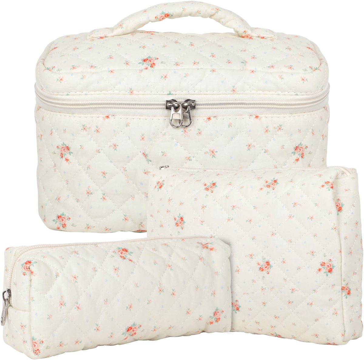Dailygoods - Set van 3 Make-up Tassen voor Vrouwen - Katoenen Toilettas met Bloemenpatroon