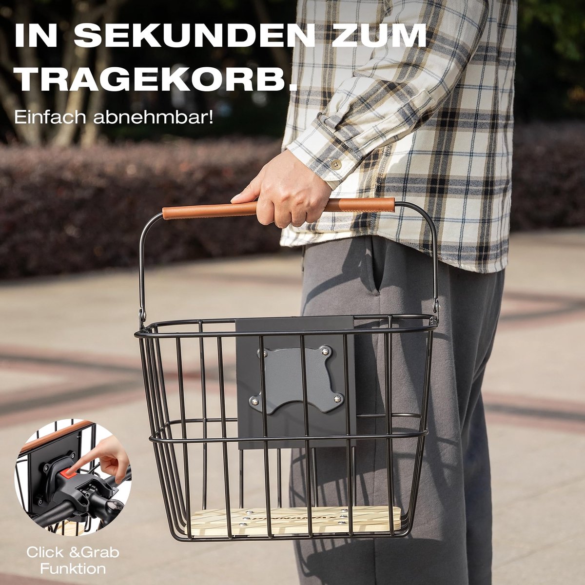 SnelShoppen - Fietskorf vooraan met handgreep – Afneembare fietsmand voor boodschappen – Robuuste en stabiele mand voor beach cruisers en stadsfietsen