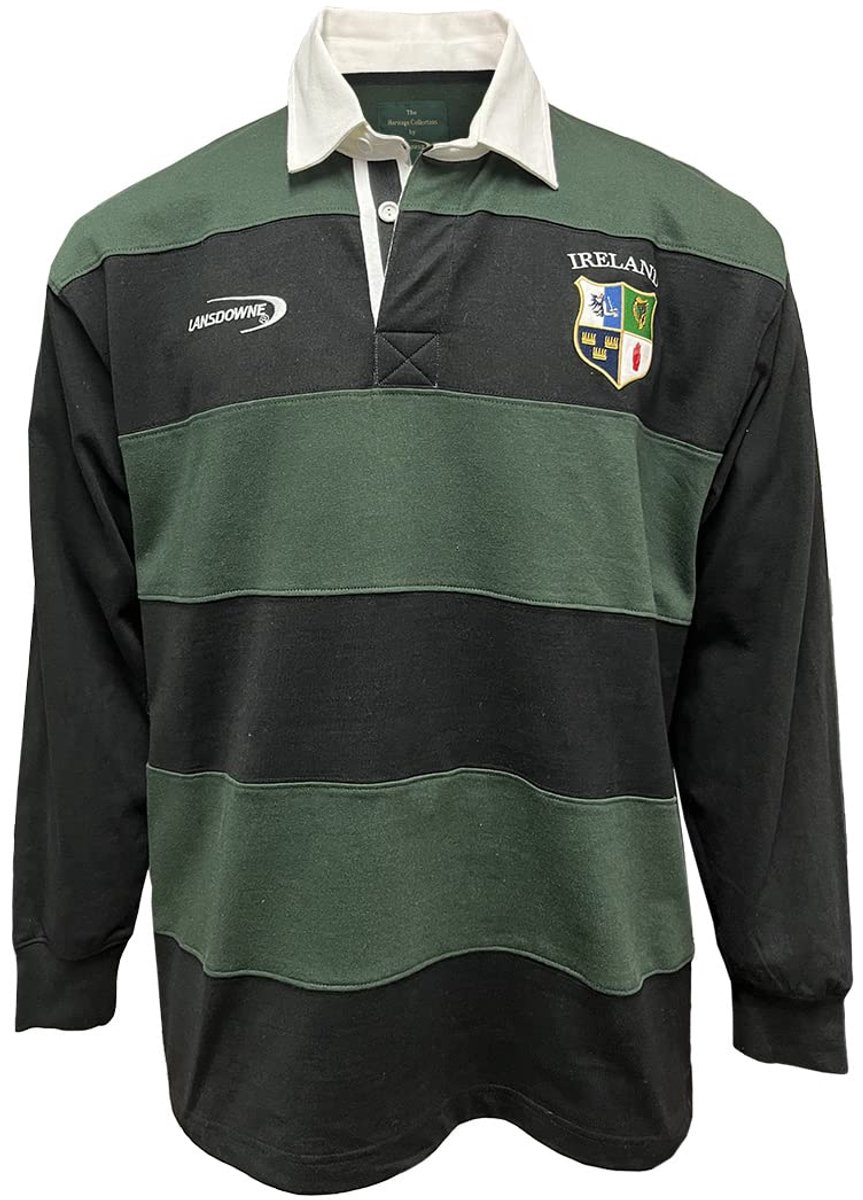 Dailygoods - Lansdowne Vier provincies geborduurd gestreept Ierland rugbyshirt, Groen en Zwart Gestreept, S