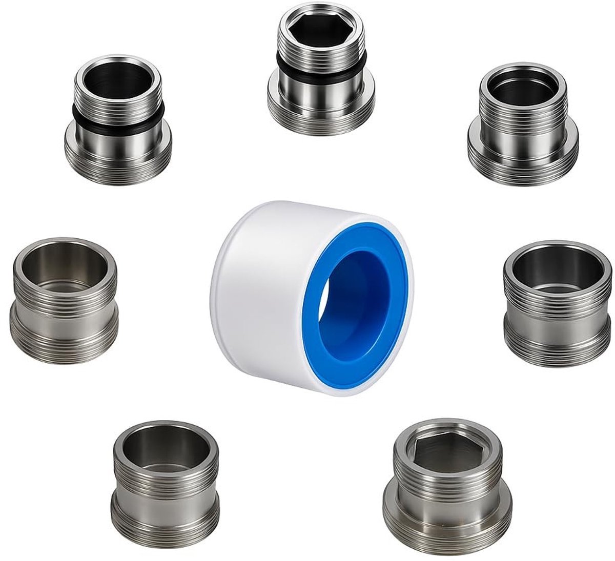 Dailygoods- Kraanadapterset 7-delig - Mannelijke Draad M16/M16.5/M18.5/M20/M22/M24/M28 - Kraanaansluiting - Onderlegring - PTFE-tape - Hoogte 18 mm