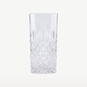 Verre transparent à long drink avec motif en losanges en bas et lignes verticales en haut.