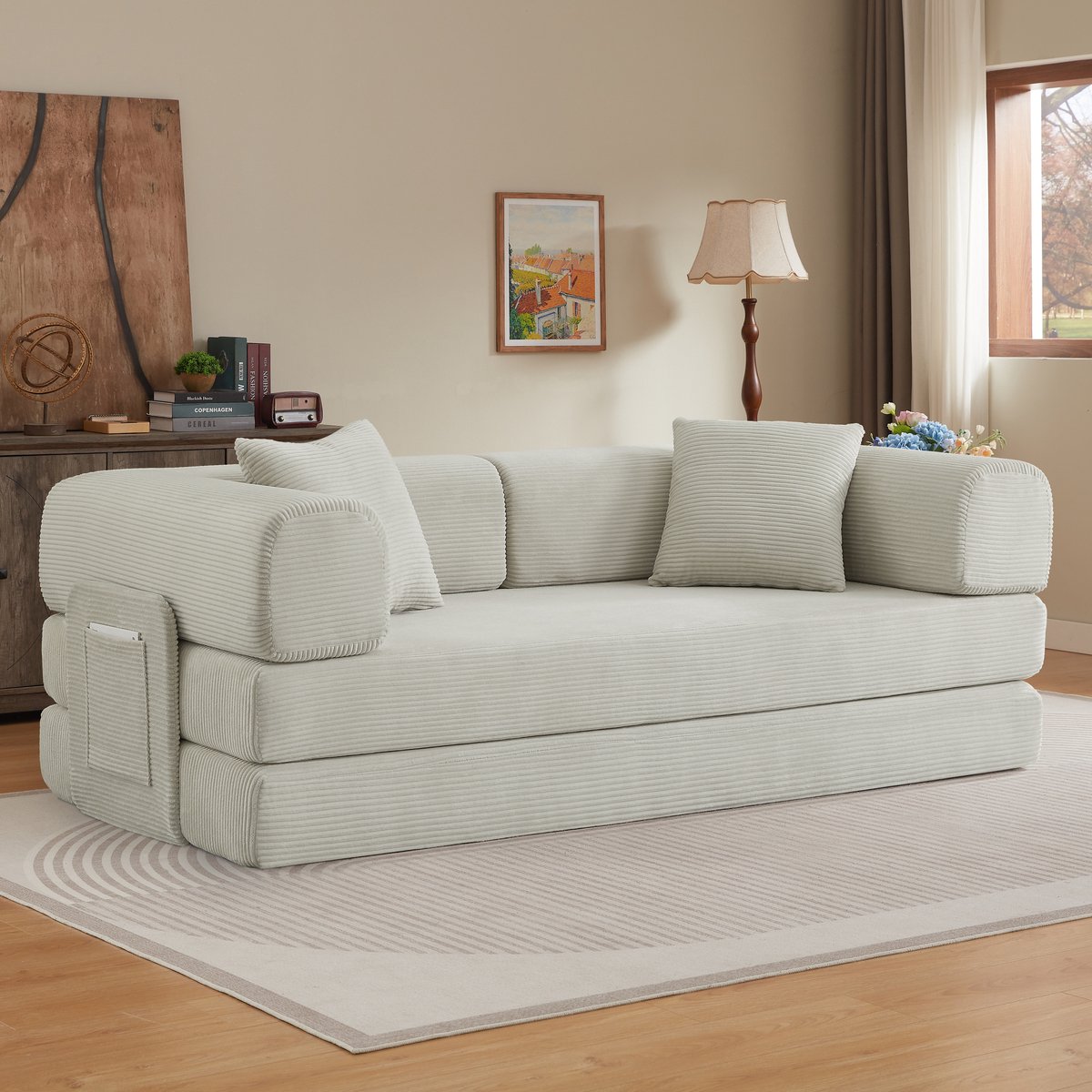 REDOM- Slaapbank - 3-zits - Opvouwbare vloerbank - Stalen frame - Koudschuim - Corduroy - Beige - Woonkamer en slaapkamer - 2 kussens