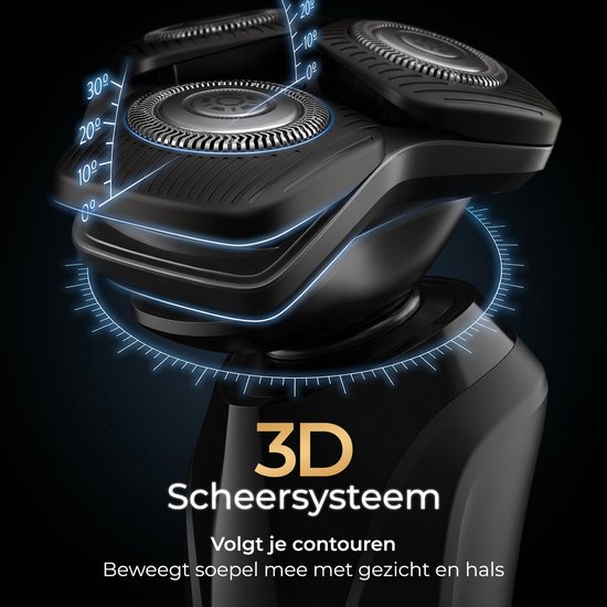 Zwart elektrisch scheerapparaat met 3D scheersysteem en LED-verlichting. Tekst: "3D Scheersysteem".