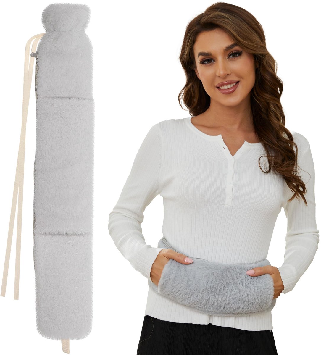 SnelShoppen - Lange warmwaterkruik met deksel 2L - Grote warmwaterfles met fleece hoes - Extra lange rubberen zak voor nek-, schouder- en menstruatiep