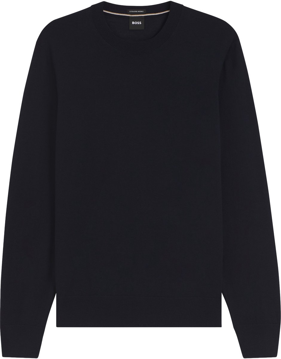 BOSS Leno slim fit trui wol - heren pullover middeldik O-hals - donkerblauw