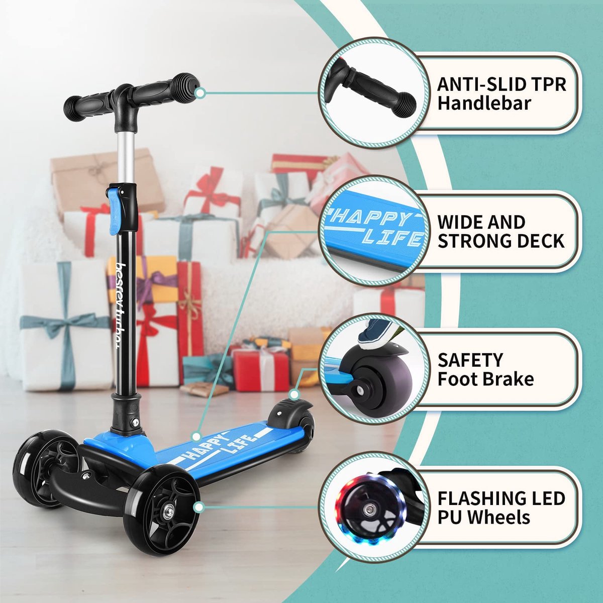 SnelShoppen - Inklapbare Step voor Kinderen 2-8 Jaar met 3 Wielen, LED Verlichting, Hoogte Verstelbaar, Blauw - Ideaal voor Buiten, Tuin en Avontuurli
