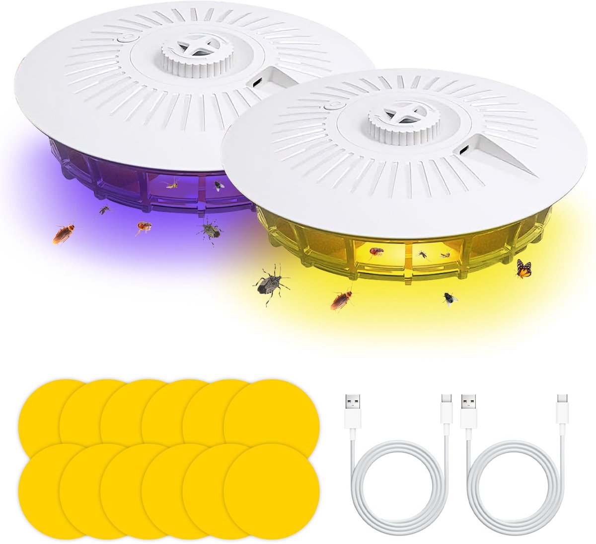 SnelShoppen - 2 Stuks Vlooienvallen Thuis - LED Vlooienval met UV Lamp, Elektrische Vliegendoder, Inclusief 10 Vangstickers voor Slaapkamer, Keuken, W
