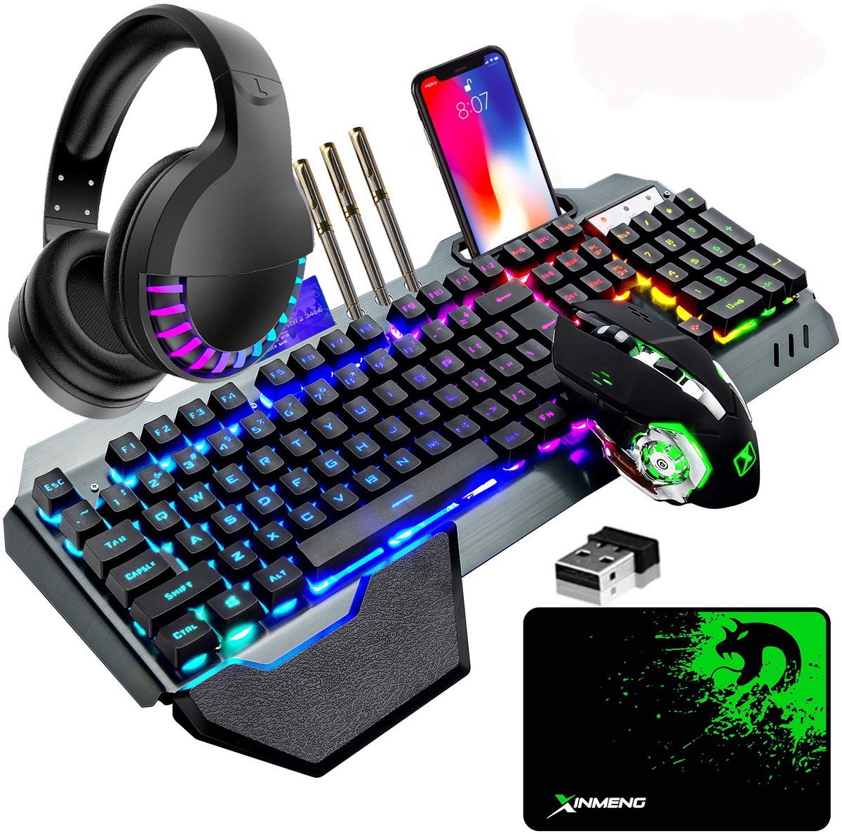 SnelShoppen - Draadloos Gaming Toetsenbord & Muis & Koptelefoon & Muismat Combinatie, 4 in 1 Set met 16 RGB Verlichting, Oplaadbaar Toetsenbord met Ha