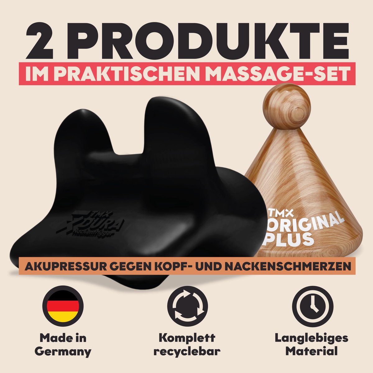 SnelShoppen - TMX Hoofd- en Nekbundel Massageset - Acupressuur tegen Spierhoofd- en Nekpijn - Triggerpoint-Massage - 2 Triggerpoint-Tools in 1 Set