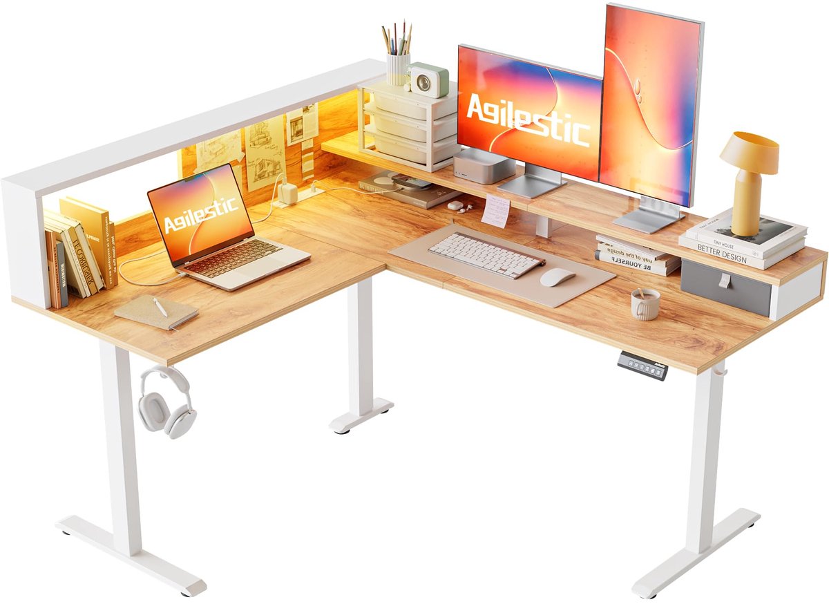 SnelShoppen - Agilestic L-vormig sta-bureau 160 x 140 cm, ergonomisch in hoogte verstelbaar hoekbureau met planken en LED-verlichting, lichtbruin zit-