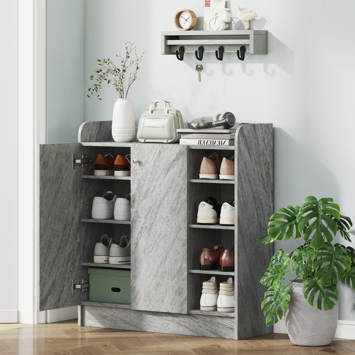 OKWISH Schoenenkast - 12 Paar - 2 Openslaande Deuren En 4 Open Vakken - Voor Hal En Inkomhal - Grijs Hout - 83x30x90 Cm