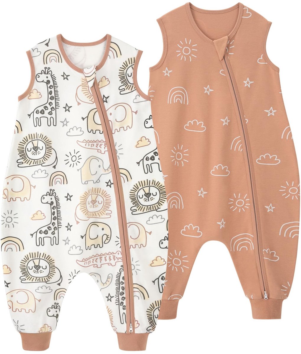 SnelShoppen - Set van 2 Babyslaapzakken met Voeten, 0,5 Tog, 100% Katoen, Zomerse Slaapzak voor Kinderen, 90 cm, Bruin Dier, Geschikt voor 3-4 Jaar, J