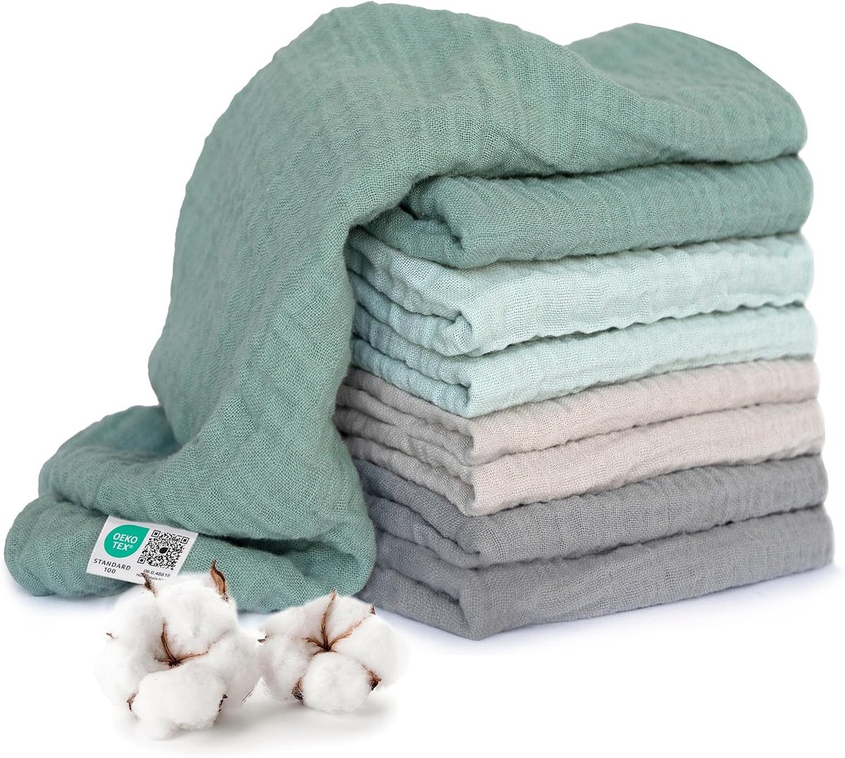SnelShoppen - 8-Pack MAKIAN Mullwindeln 70x70 cm, Oeko-TEX® Standaard 100 Spuugdoeken in IJsberg Groen/Wit/Munt/Grijs, Dubbel Geweven Luiers voor Baby