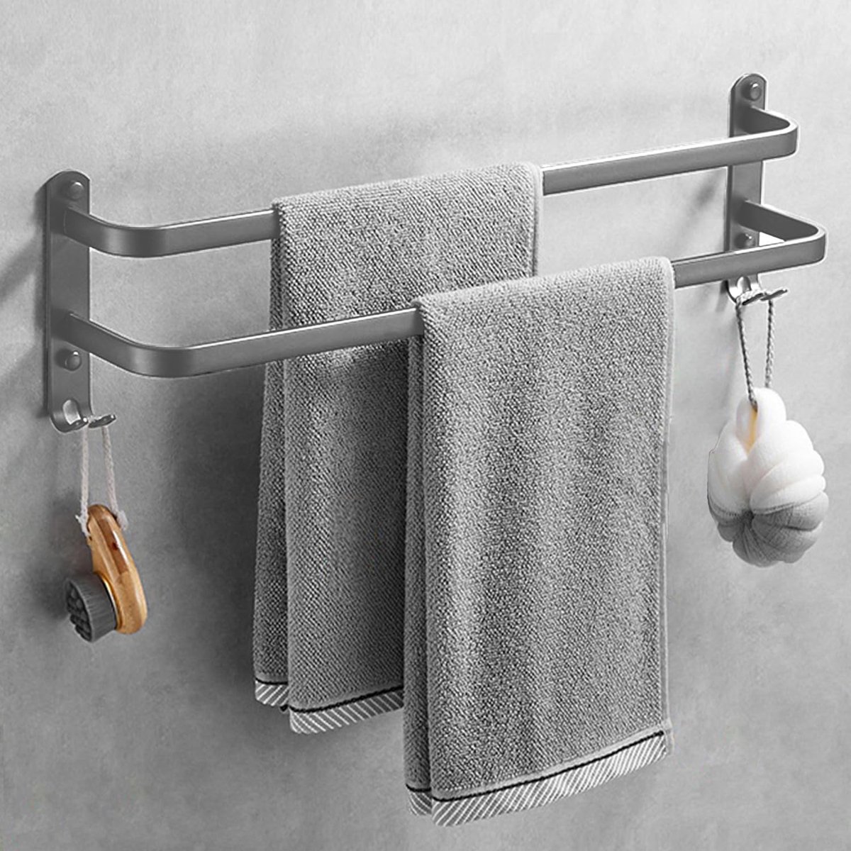 SnelShoppen - Handdoekhouder zonder boren 60 cm - Grijs of Zwart - Dubbele Handdoekstang voor Badkamer en Keuken - Muurbevestiging - Badkameraccessoir