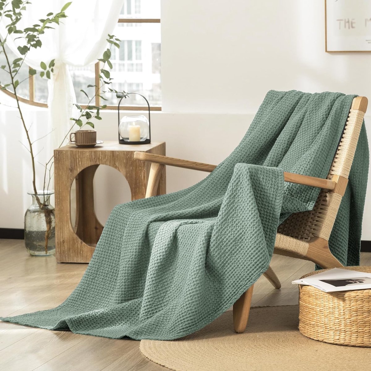 SnelShoppen - Zachte 100% Katoenen Deken 130 x 150 cm, Ademend Sofadeken met Wafelpatroon, Knuffelige Woondeken voor Woonkamer, Sofa, Groen